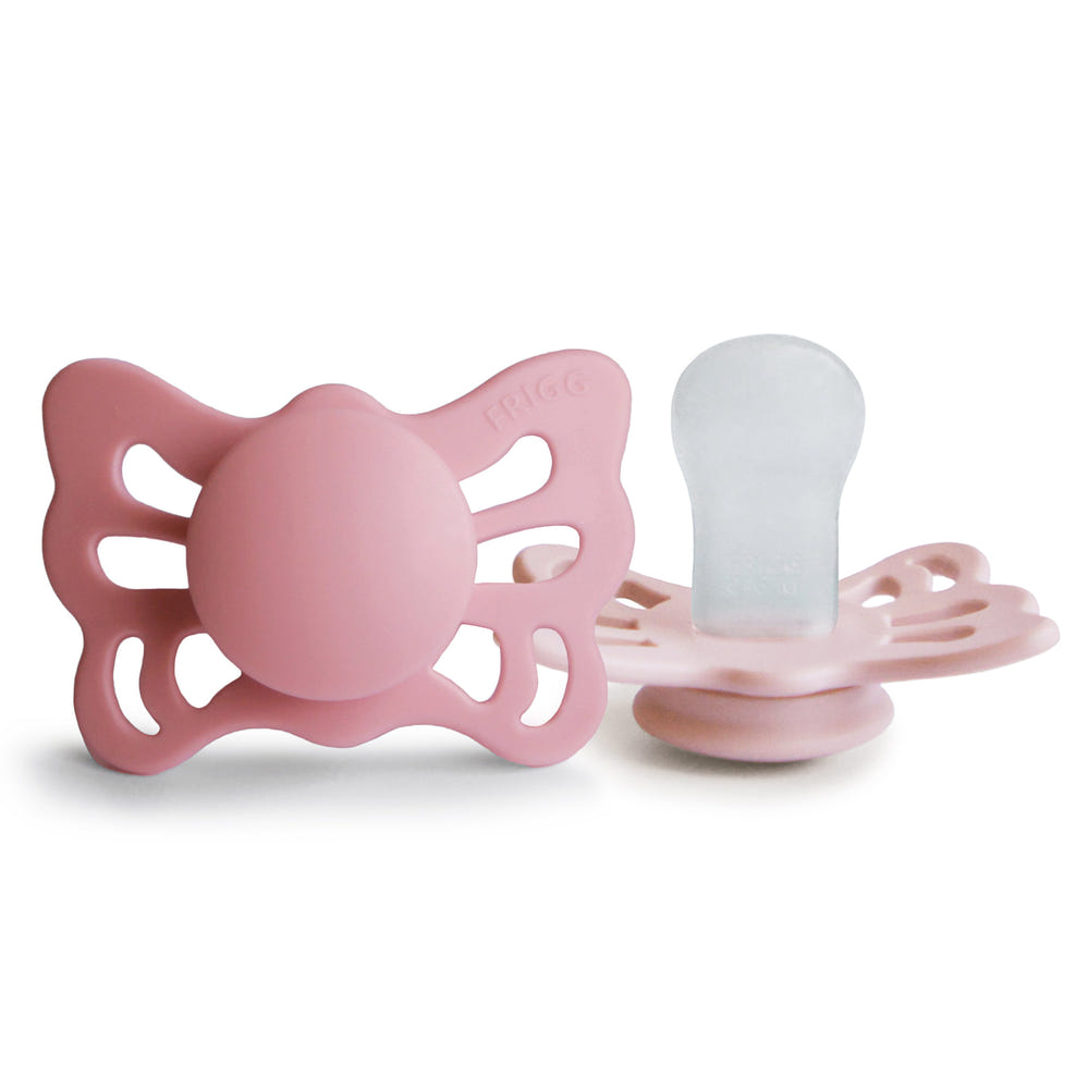 FRIGG Butterfly Anatomical Silicone Pacifier 2-Pack for infants 0-6 months, featuring a cute butterfly design.