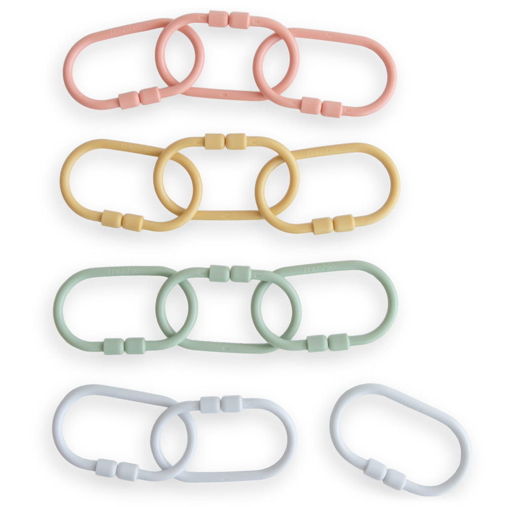 Colorful chain link rings for stroller toys, promoting sensory play and motor skill development for babies.