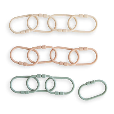 Colorful chain link rings for stroller toys, promoting sensory play and motor skill development for babies.