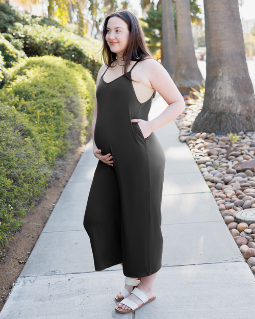 Black Charlie Maternity & Nursing Romper for comfortable and stylish wear during pregnancy and nursing.