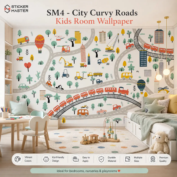 City Curvy Roads Kids Room Wallpaper Mural for Playrooms by Sticker Master