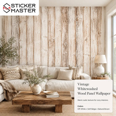 Vintage Whitewashed Wood Panel Wallpaper / Rustic Wood Mural by Sticker Master