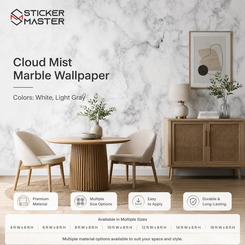 Cloud Mist Marble Wallpaper / Soft White Gray Marble Wall Mural Decor by Sticker Master