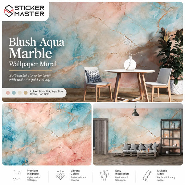 Blush Aqua Marble Wallpaper Mural | Pastel Pink Blue Wall Decor Art
