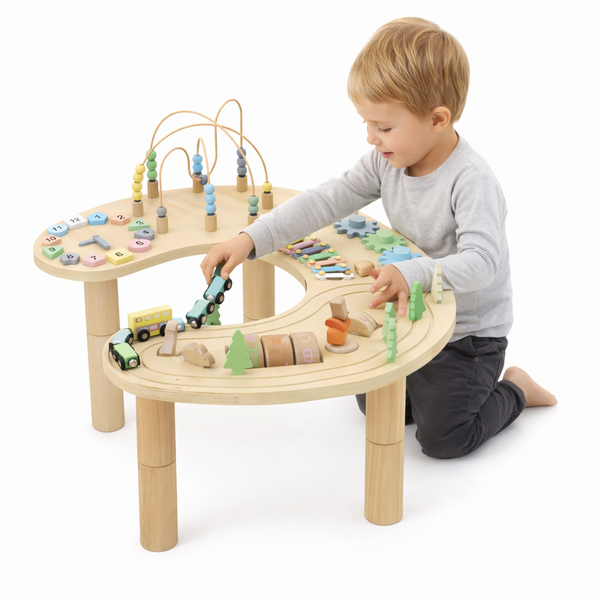 Wooden multi-activity sensory play table for babies, promoting exploration and development in a stylish design.