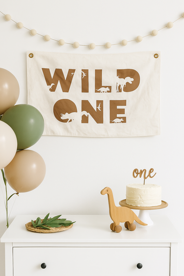 Wild One First Birthday Canvas Banner in Dino Theme - Colorful wall art for celebrating a baby's special day.