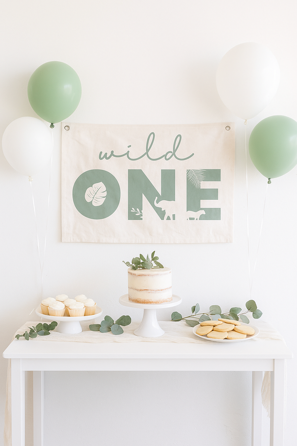 Wild One First Birthday Canvas Banner - Jungle Theme for kids' wall art and prints, perfect for celebrating a first birthday.