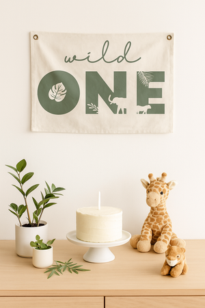 Wild One First Birthday Jungle Theme Canvas Banner - Colorful wall art for a baby's first birthday celebration.