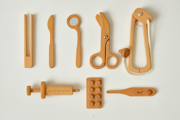 Wooden Doctor Pretend Play Set for kids, featuring Montessori medical tools, displayed from angle 2.