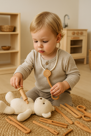 Wooden Doctor Pretend Play Set for kids, featuring Montessori medical tools, displayed at an angle for a clear view.