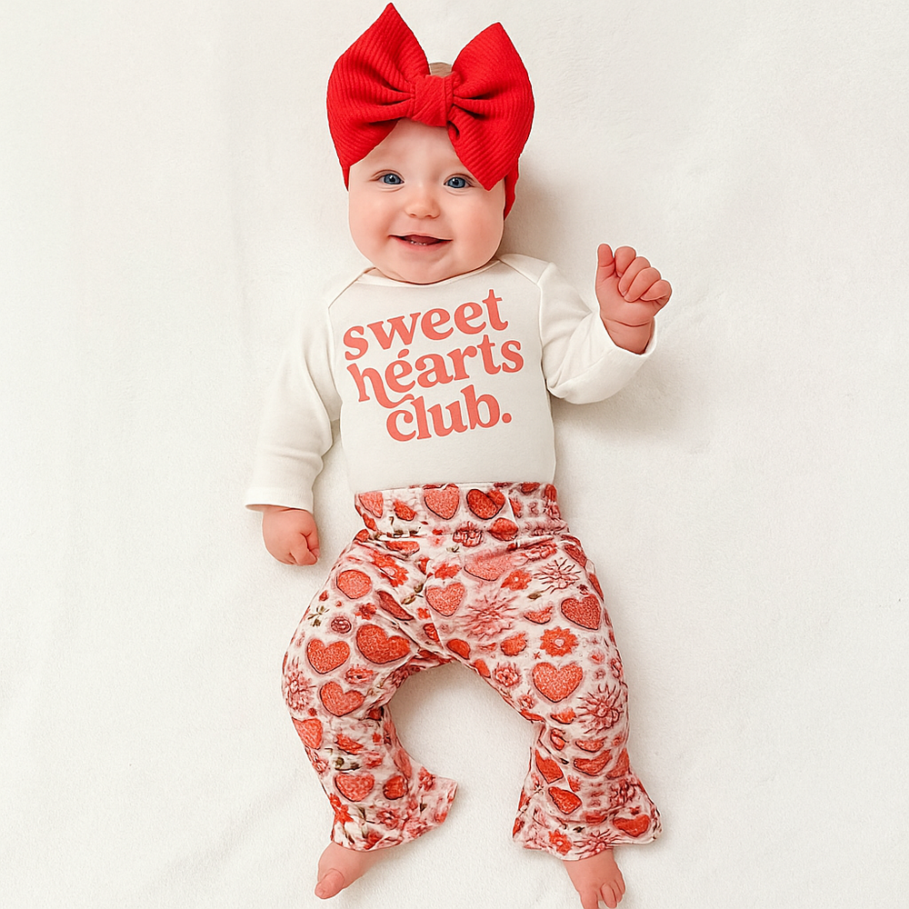Sweet Hearts Club Valentine's Day heart bell bottom outfit for babies, featuring a cute two-piece set.