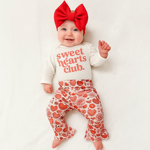 Sweet Hearts Club Valentine's Day heart bell bottom outfit for babies, featuring a stylish two-piece set.