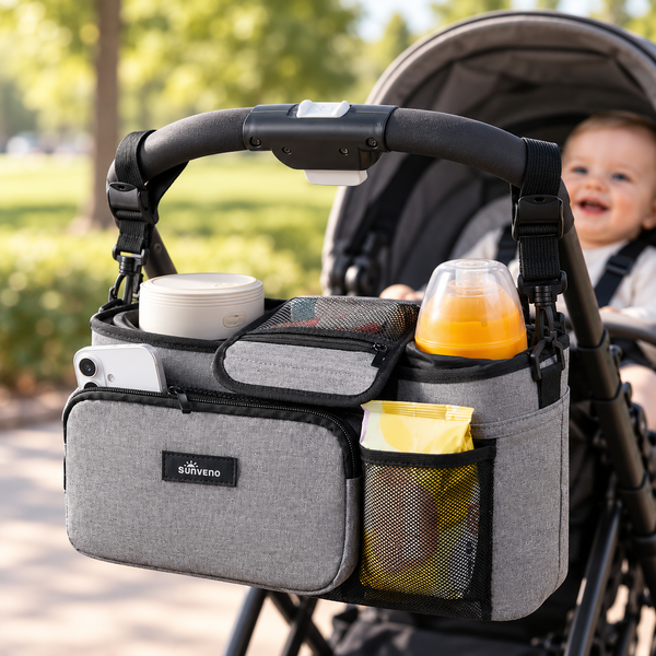 SUNVENO Stroller Organizer Bag with Detachable Parent Pouch, Dual Cup Holders, Adjustable Straps & Removable Shoulder Strap