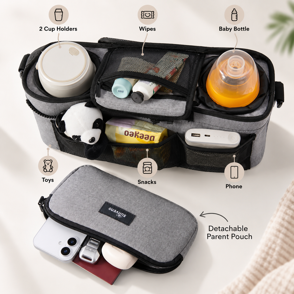SUNVENO Stroller Organizer Bag with Detachable Parent Pouch, Dual Cup Holders, Adjustable Straps & Removable Shoulder Strap