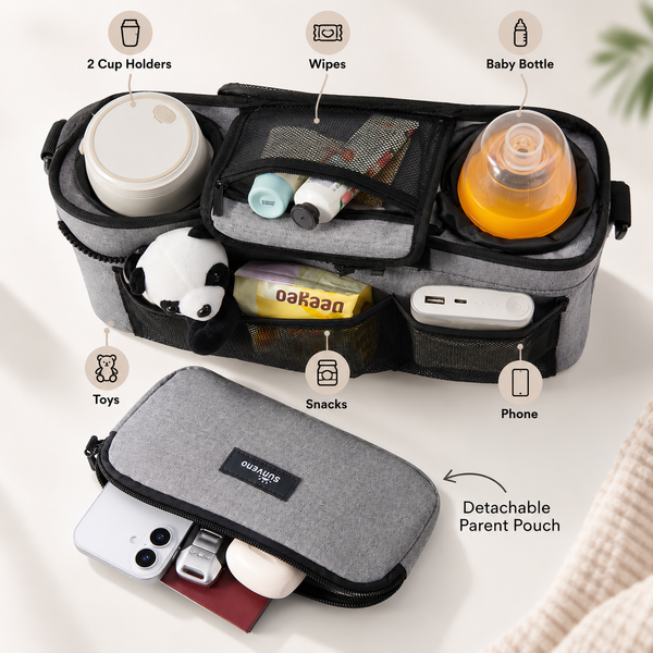 SUNVENO Stroller Organizer Bag with Detachable Parent Pouch, Dual Cup Holders, Adjustable Straps & Removable Shoulder Strap