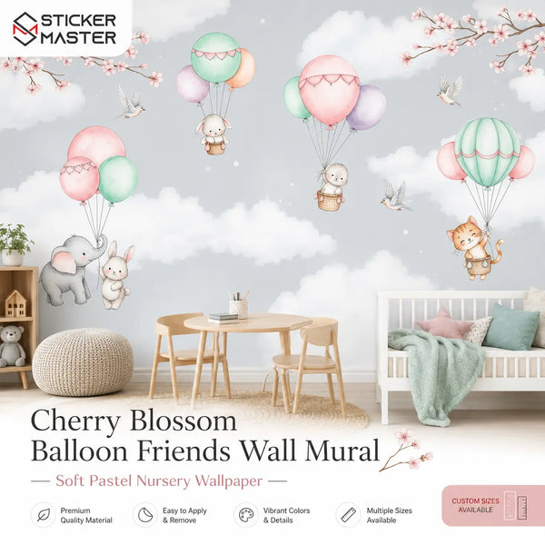 Cherry Blossom Balloon Friends Wall Mural for Kids & Nursery