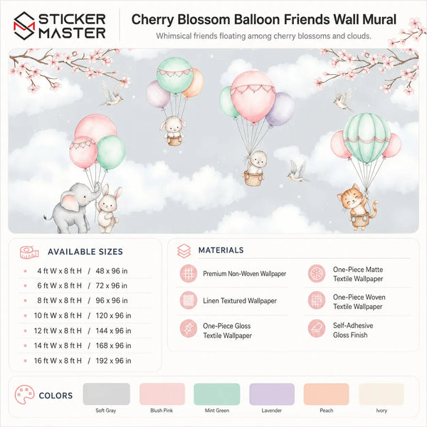 Cherry Blossom Balloon Friends Wall Mural for Kids & Nursery
