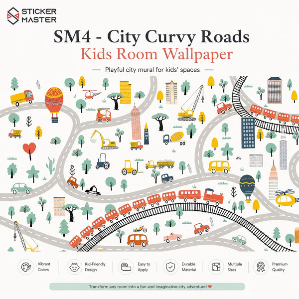 City Curvy Roads Kids Room Wallpaper Mural for Playrooms by Sticker Master