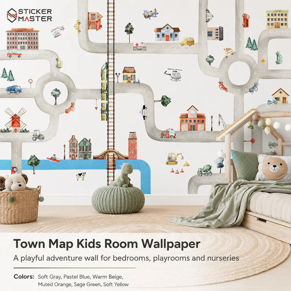 Town Map Kids Room Wallpaper Nursery Wall Mural by Sticker Master
