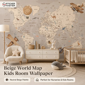Adventure Beige World Map Kids Room Wallpaper Mural by Sticker Master