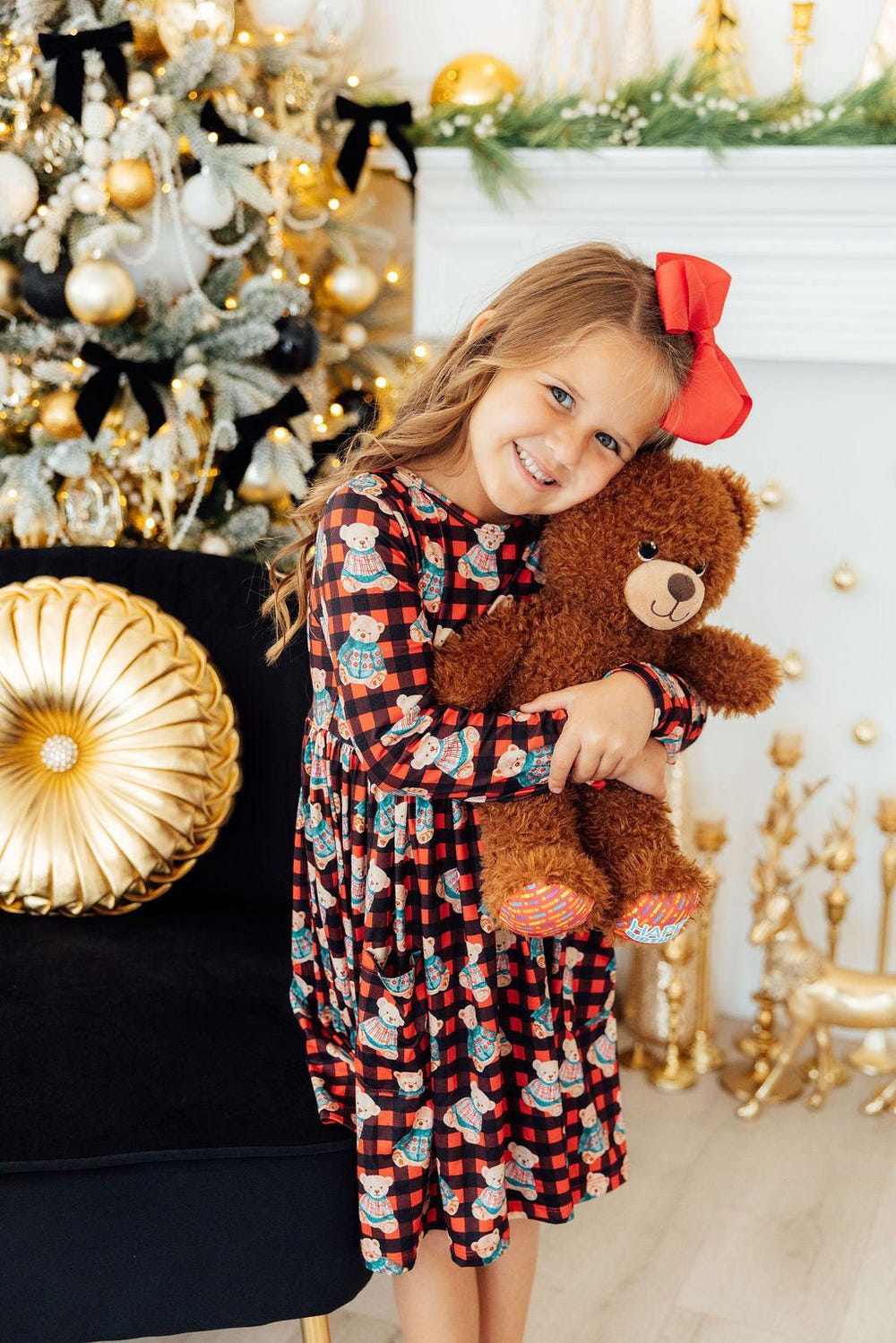 Christmas Bears long sleeve pocket twirl dress for babies, featuring festive bear prints and a playful design.