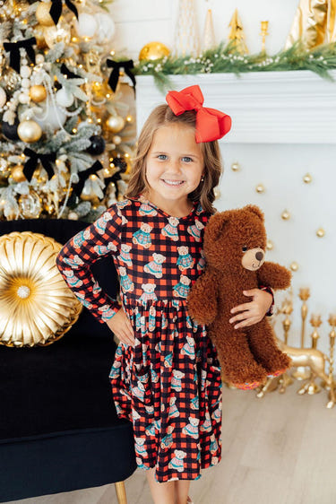 Christmas Bears long sleeve pocket twirl dress for babies, featuring festive bear prints and a playful design.