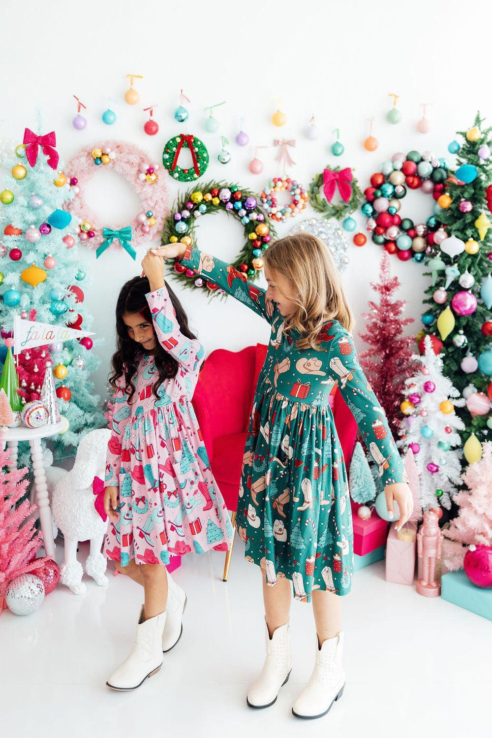Christmas Cowgirl L/S Pocket Twirl Dress for girls, featuring a festive design and playful twirl style.