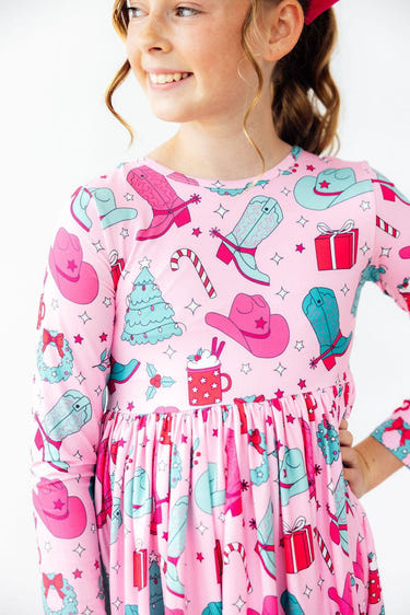 Christmas Cowgirl L/S Pocket Twirl Dress for girls, featuring a festive design and playful twirl style.