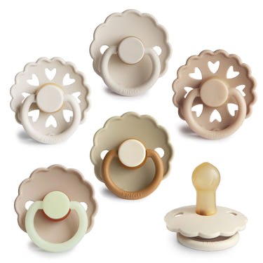 FRIGG Natural Rubber 6-Pack pacifiers in assorted colors for infants, promoting comfort and soothing.