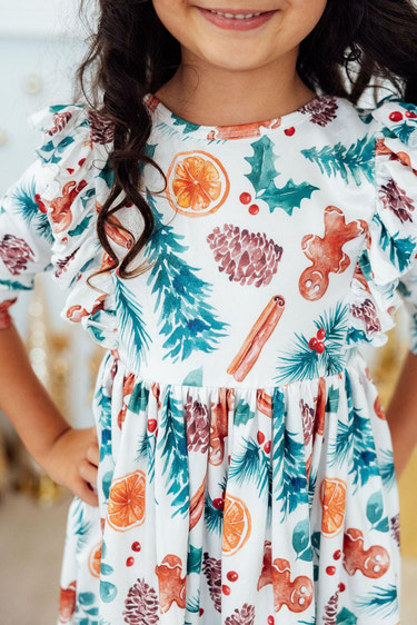 Classic Christmas 3/4 Sleeve Ruffle Twirl Dress