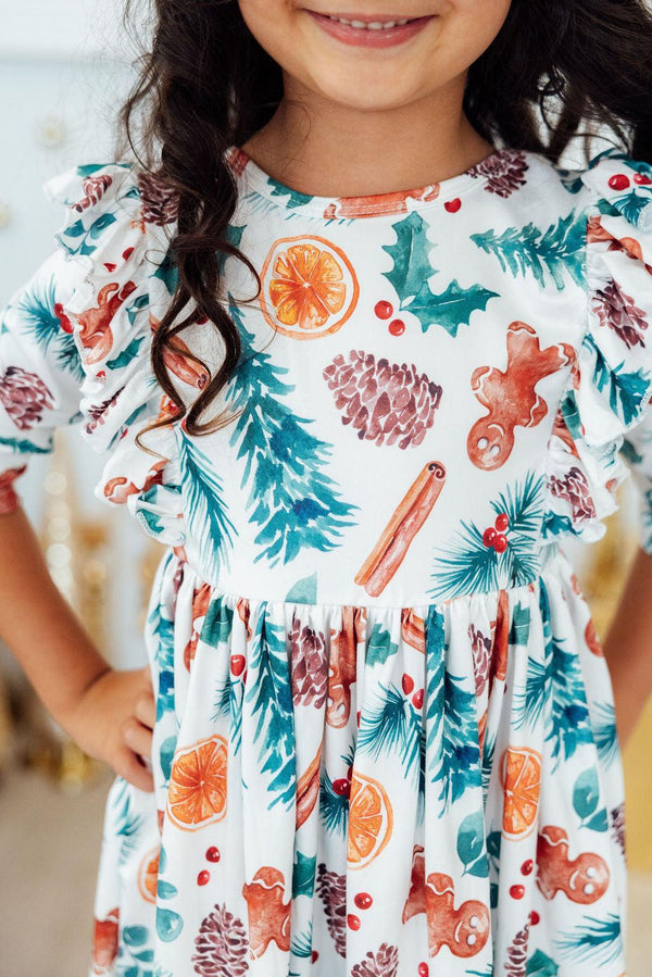 Classic Christmas 3/4 Sleeve Ruffle Twirl Dress