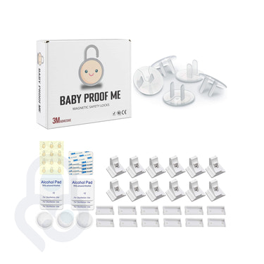 Baby Proof Me Click & Cover Safety Kit with 12 magnetic locks and 24 outlet plug covers for child safety.