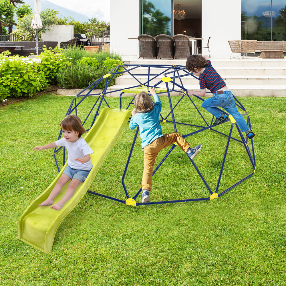 Multicolor 13.3 FT Climbing Dome Geometric Dome Climber with slide and platforms for outdoor play.