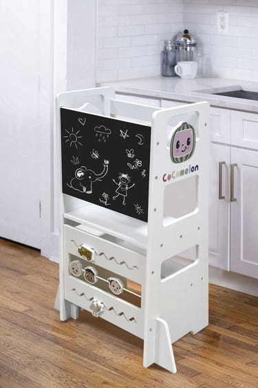 CocoMelon 3-in-1 Kitchen Tower for Kids: Step stool and chalkboard learning helper for indoor fun.