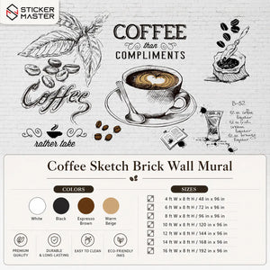 Coffee Sketch Brick Wall Mural for Cafe & Kitchen Walls