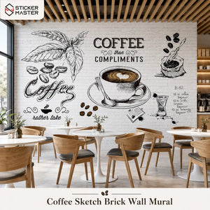 Coffee Sketch Brick Wall Mural for Cafe & Kitchen Walls