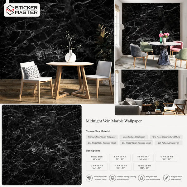 Midnight Vein Marble Wallpaper Mural | Black Stone Wall Decor