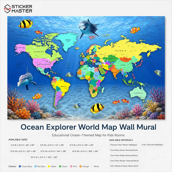 Ocean Explorer World Map Wallpaper Mural for Kids Rooms & Playrooms