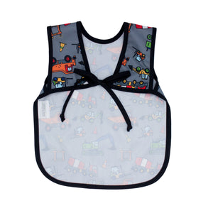 Construction Zone Bapron for babies, featuring a playful construction theme, angled view showcasing its design and functionality.