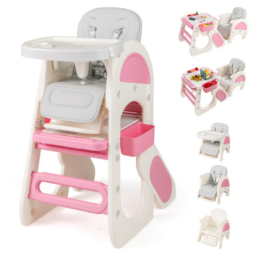 Convertible pink baby high chair with double-layer tray and adjustable backrest, viewed from angle 3.