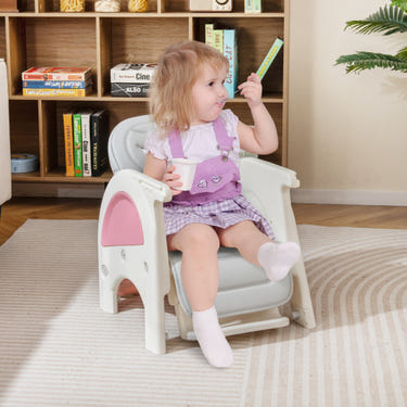 Convertible pink baby high chair with double-layer tray and adjustable backrest, perfect for mealtime convenience.