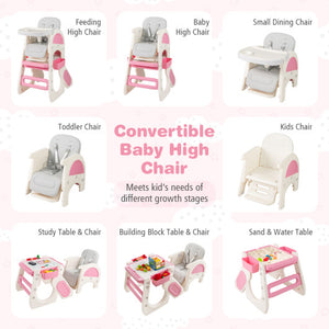 Convertible pink baby high chair with double-layer tray and adjustable backrest, shown from angle 5.