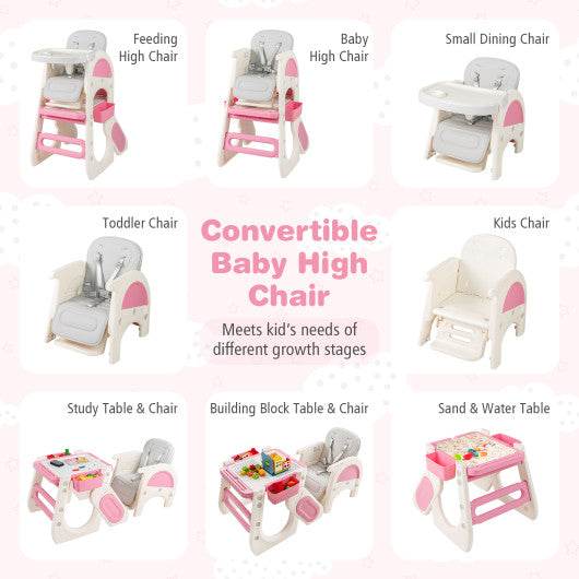 Convertible pink baby high chair with double-layer tray and adjustable backrest, shown from angle 5.