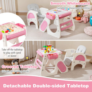 Pink convertible baby high chair with double-layer tray and adjustable backrest, shown at angle 6.