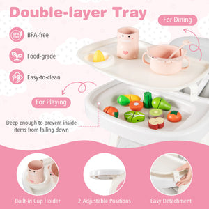 Convertible pink baby high chair with double-layer tray and adjustable backrest, viewed from angle 7.