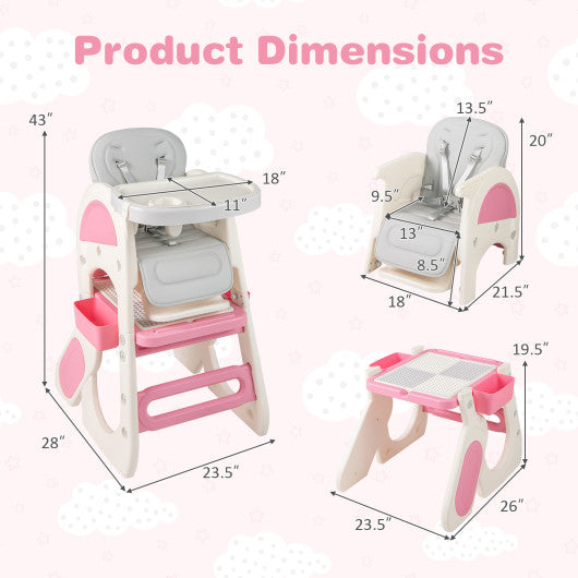 Convertible pink baby high chair with double-layer tray and adjustable backrest, viewed from angle 4.