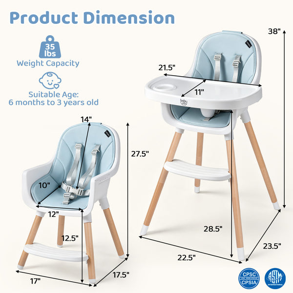 Convertible High Chair with 5-Point Harness for Babies and Toddlers