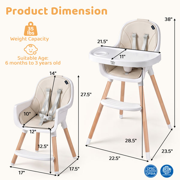 Convertible High Chair with 5-Point Harness for Babies and Toddlers