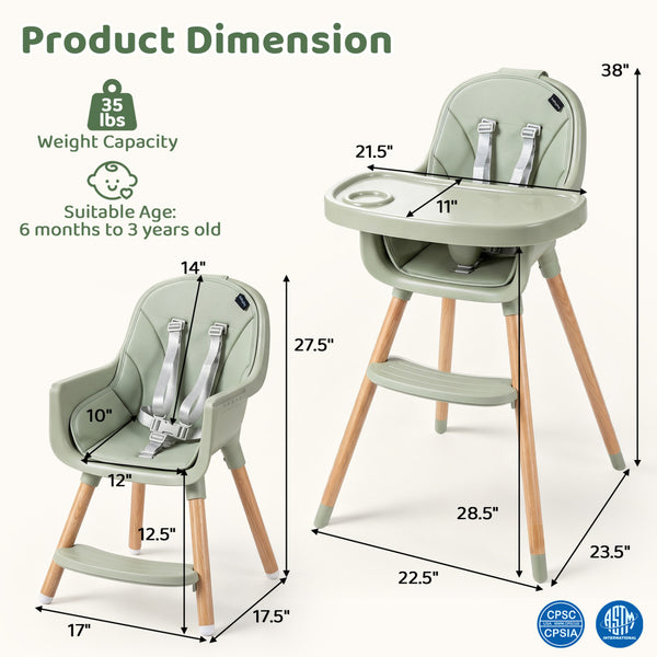 Convertible High Chair with 5-Point Harness for Babies and Toddlers