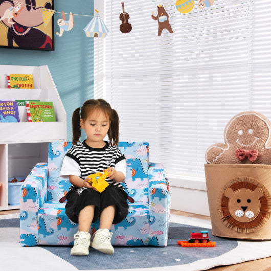 2-in-1 Convertible Kids Sofa in multicolor velvet fabric, perfect for playtime and seating, angled view.